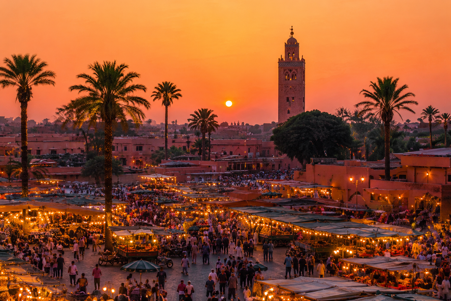 Piazza Jemaa el-Fna a Marrakech al tramonto